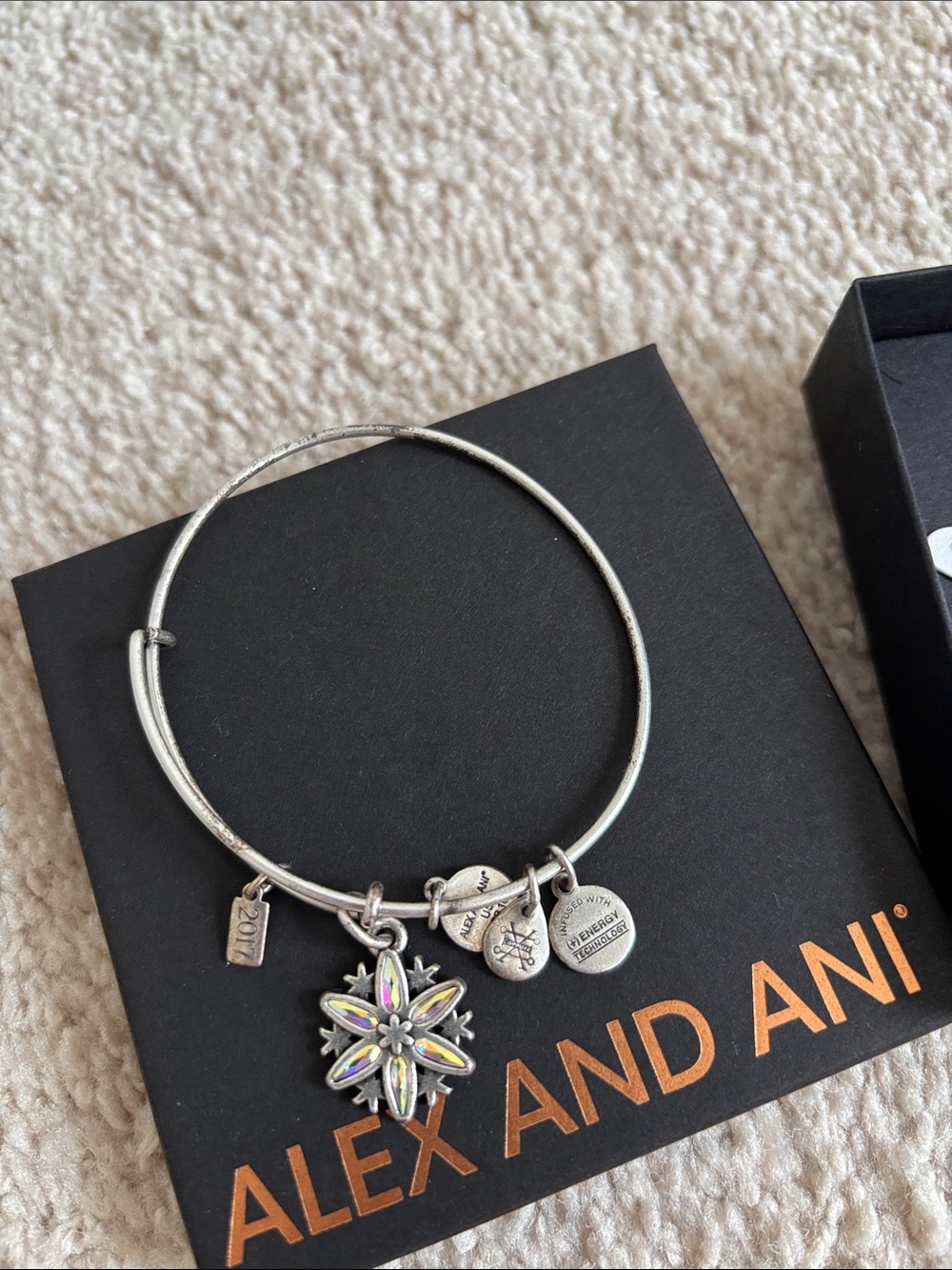 Alex and Ani Silver 2017 Snowflake Charm Bangle with Logo Discs